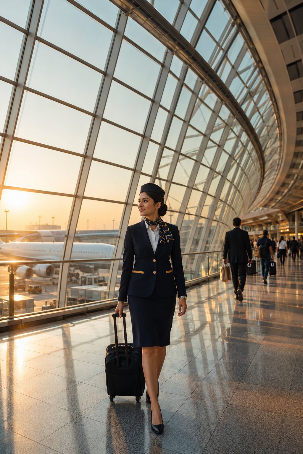 Travellers inside a modern airport terminal