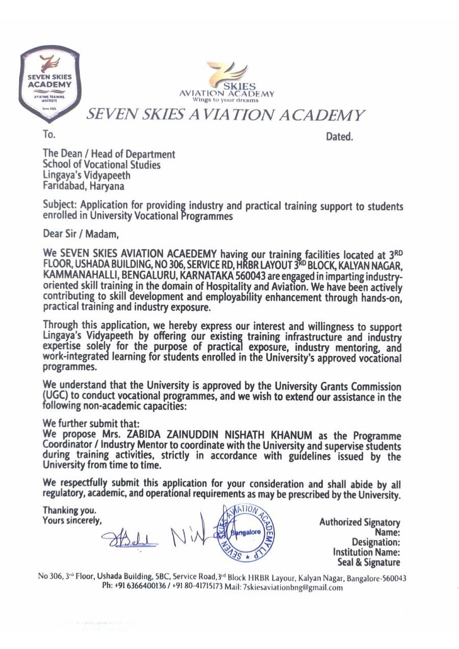 Seven Skies Aviation Academy application and undertaking