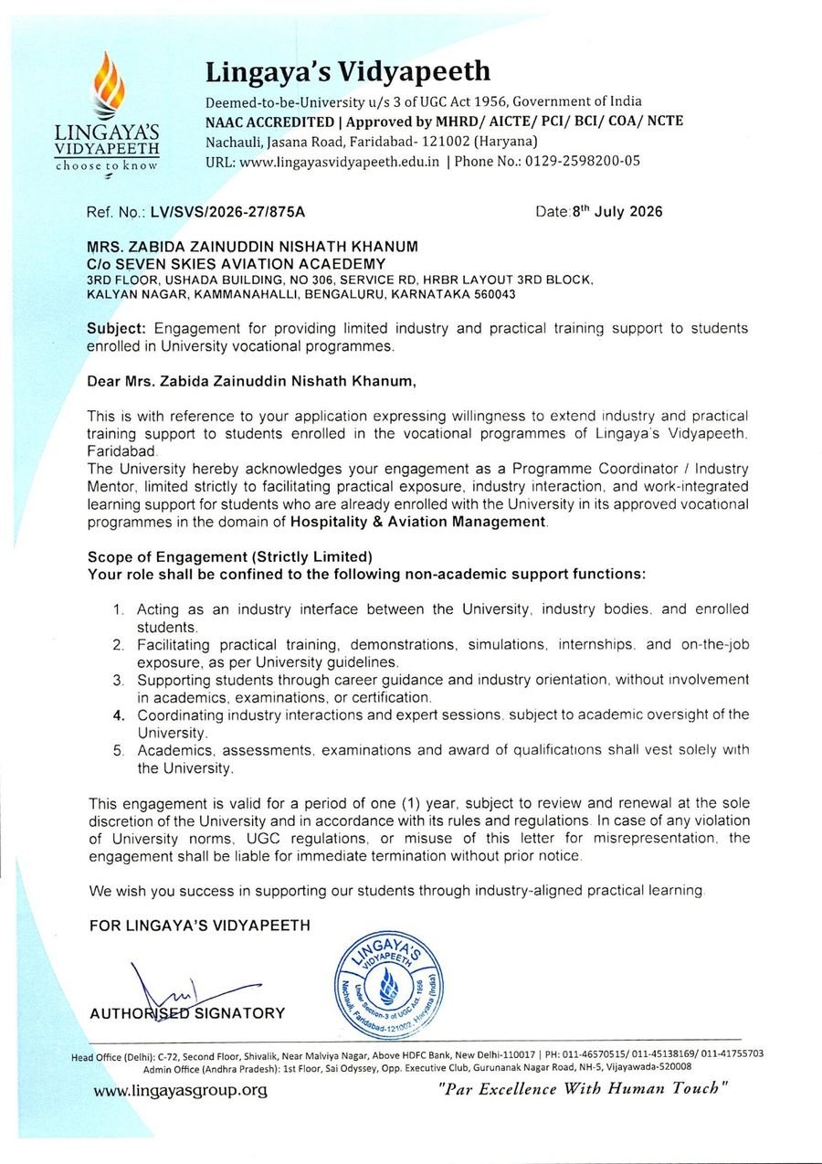 Engagement letter from Lingaya's Vidyapeeth